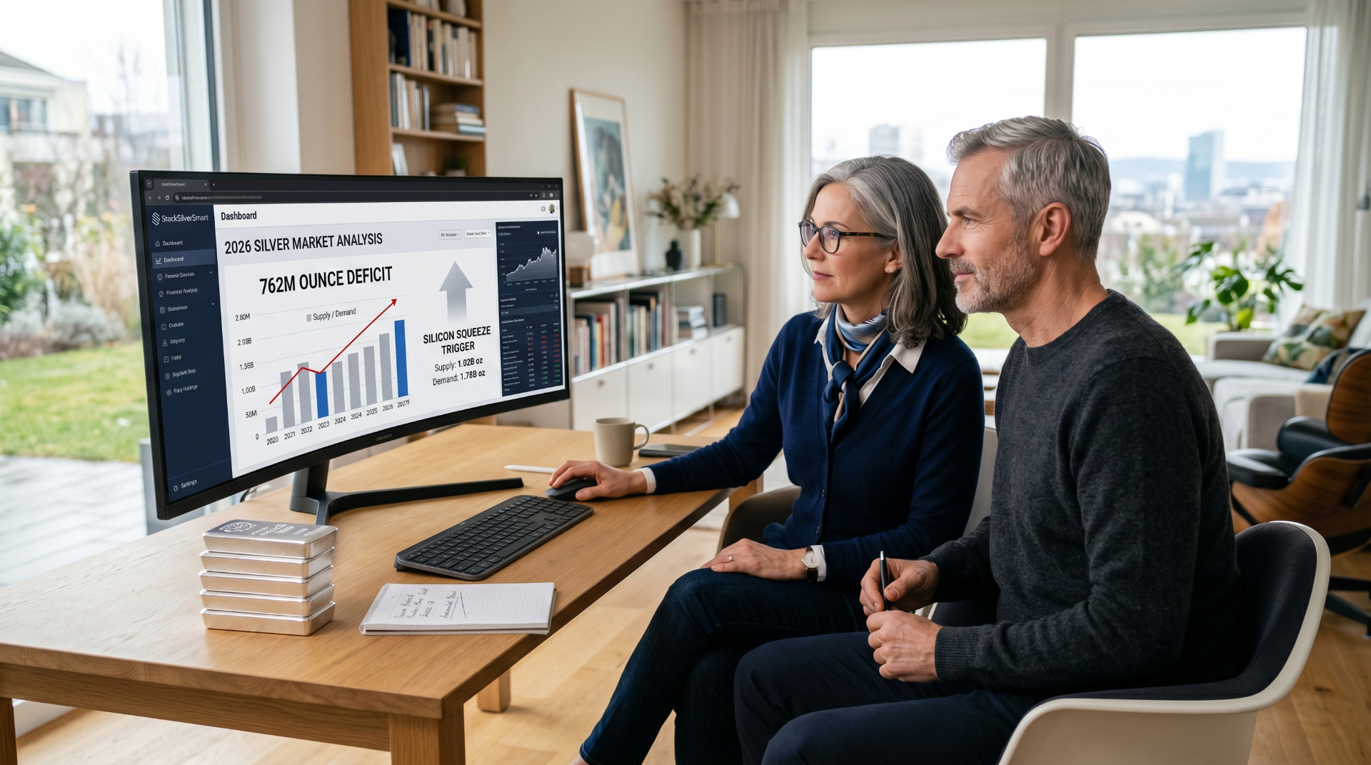 Investors analysing 2026 silver market 762M ounce deficit on dashboard